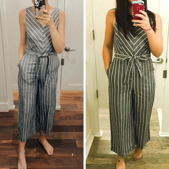 Loft Jumpsuit Belted Striped Wide Leg Jumpsuit Grey White 8 - Picture 2 of 9